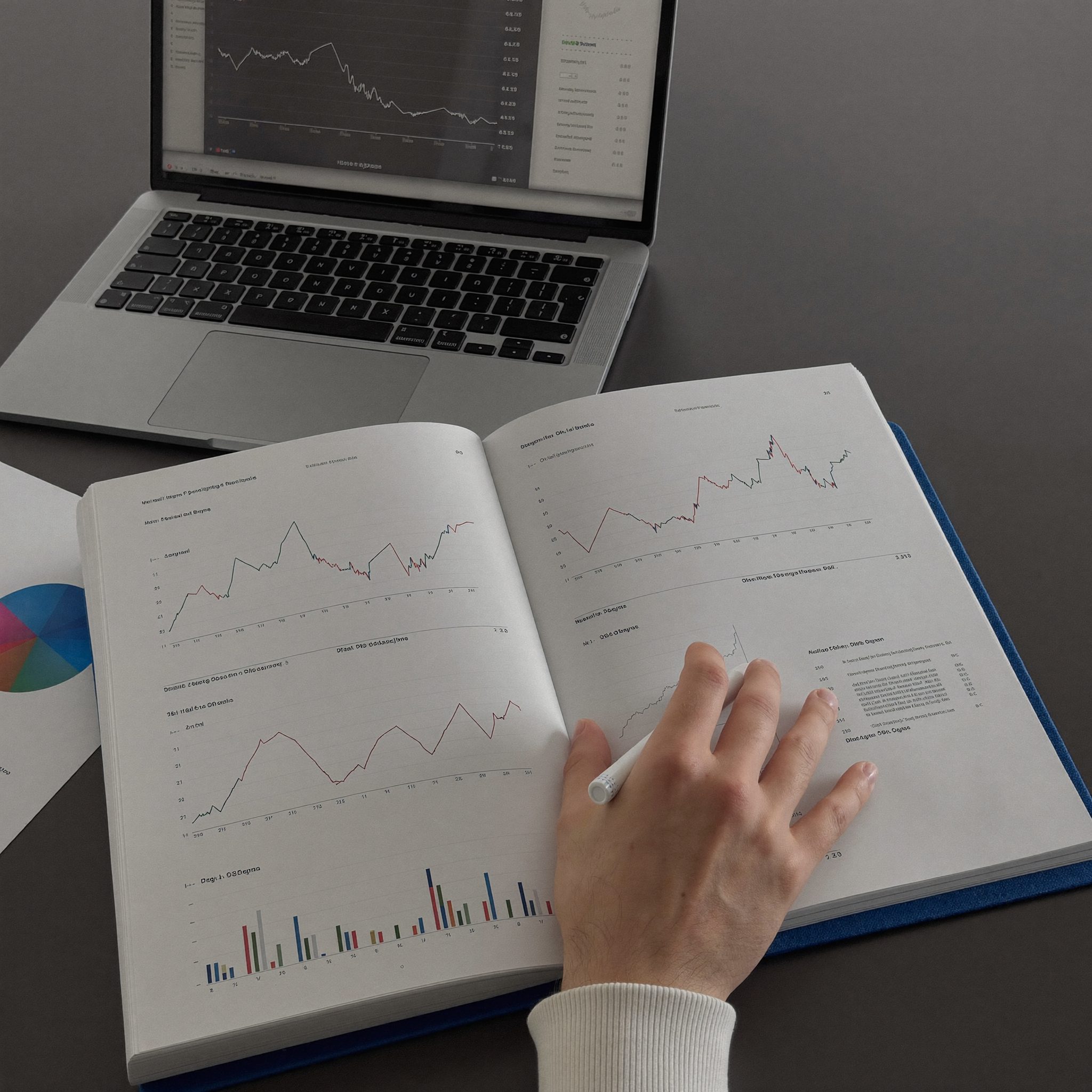 Portfolio review documents laid out on a desk for investment strategy analysis
